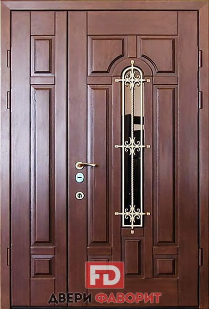дверь стальная двустворчатая со стеклом и кованым элементом